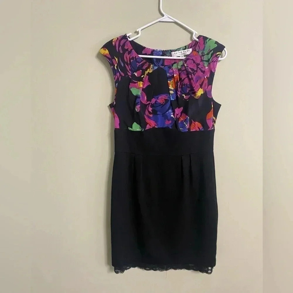 Trina Turk Black Multicolor Floral Print Cap Sleeve Silk Sheath Dress Size 10